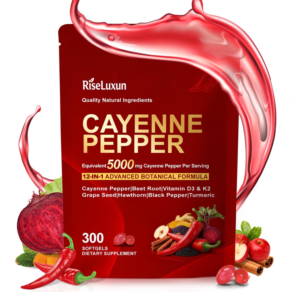 12-in-1 Cayenne Pepper Capsules Supplement*, 5000mg Per Serving Containing | Vitamin D3 K2+E & Extracts of Grape Seed, Hawthorn, Beetroot, Berberine Other Extracts