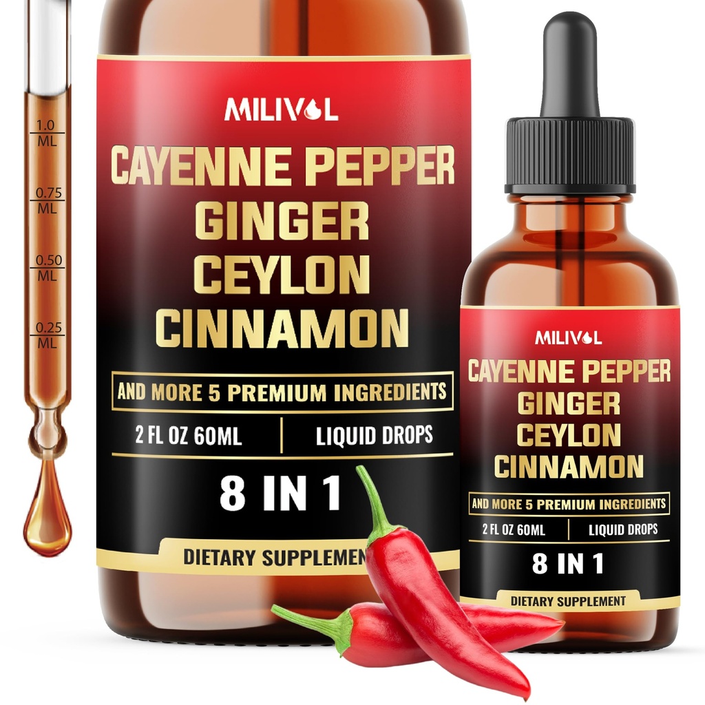 8in1 Cayenne Pepper Liquid Drops with Ginger, Ceylon Cinnamon and 5 More Herbals - Digestion, Circulatory Heath Support - 2 Fl Oz for 2 Months