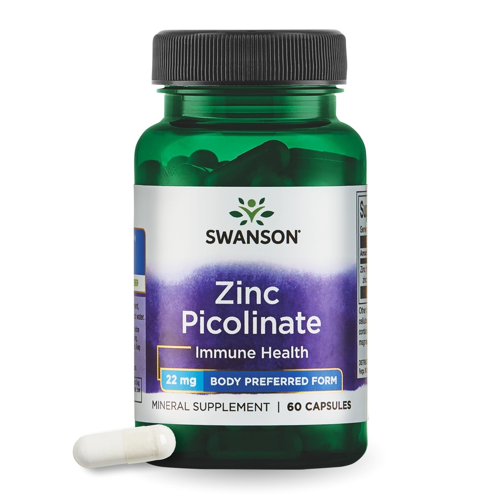 Swanson çinko Picolinate Chelated Mineral Supplement for Yetişkinler Seeking Immune, Vision, and Prostate Support - Body-Preborn Form - 22 mg (60 Vegan Capsules)