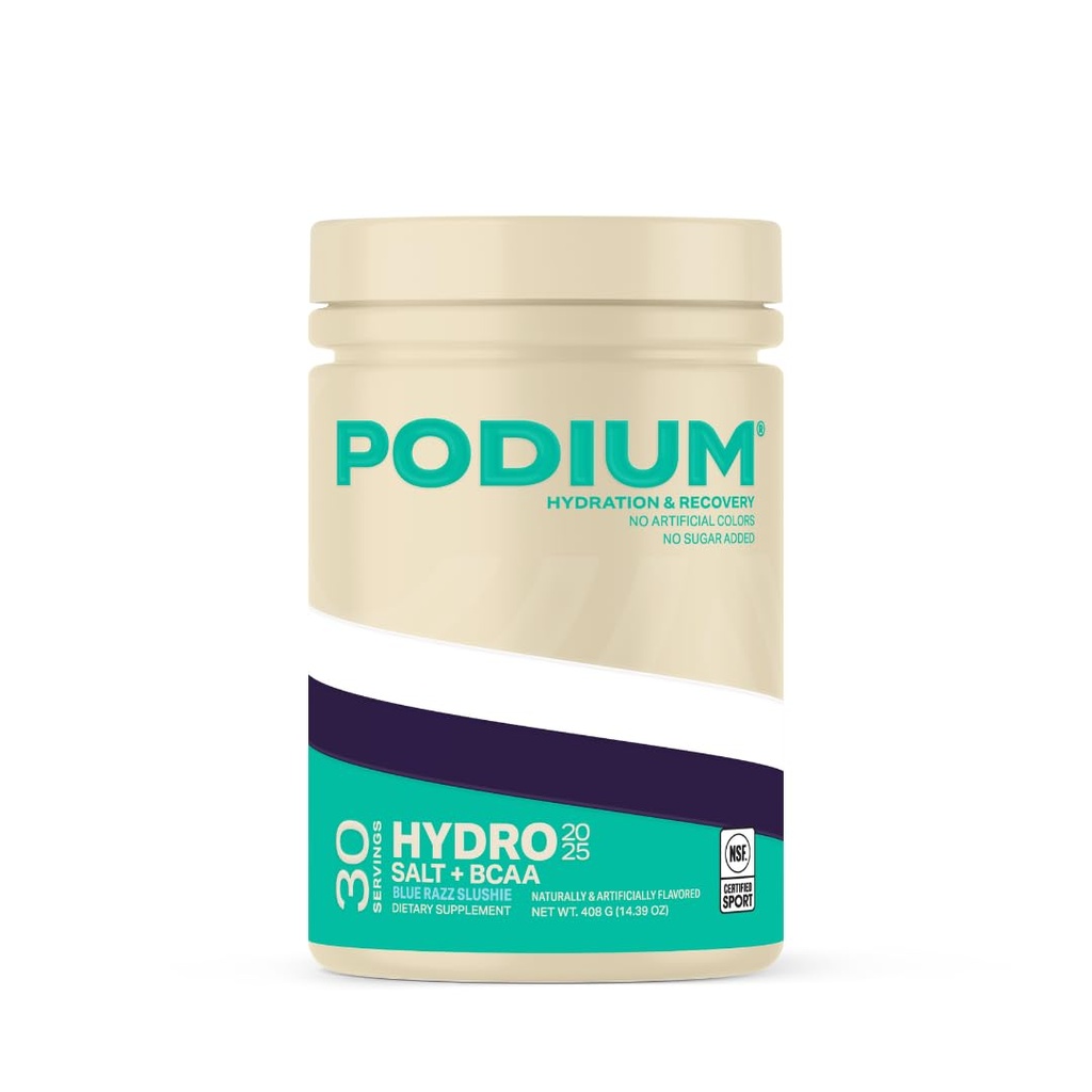 Podium Nutrition, Instantized BCAA Powder, Hydro and Salt 2025, 30 Servings, Electrolytes, Hydration, Recovery (Blue Razz Slushie)