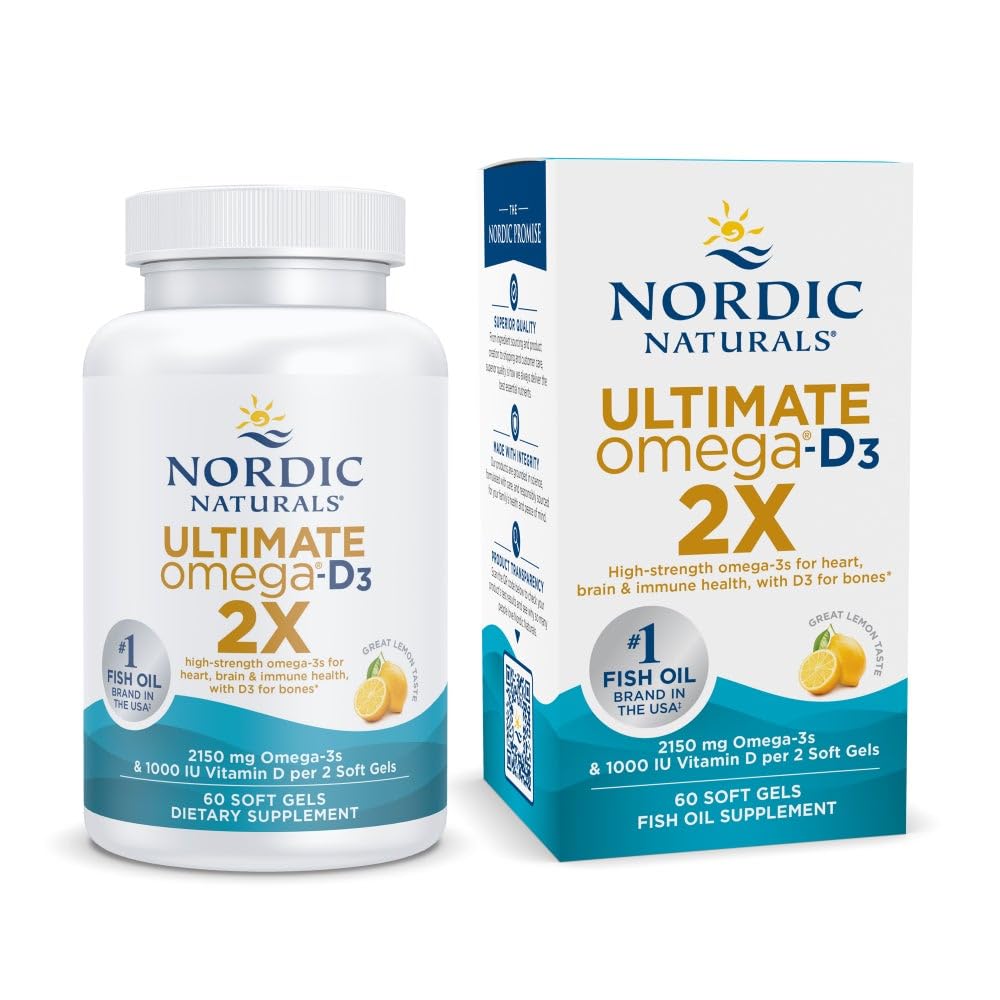 Nordic Naturals Ultimate Omega 2X with Vitamin D3, Lemon Flavor - 60 Soft Gels - 2150 mg Omega-3 + 1000 IU D3 - EPA & DHA - Brain, Heart, & Immune Health - 30 Servings