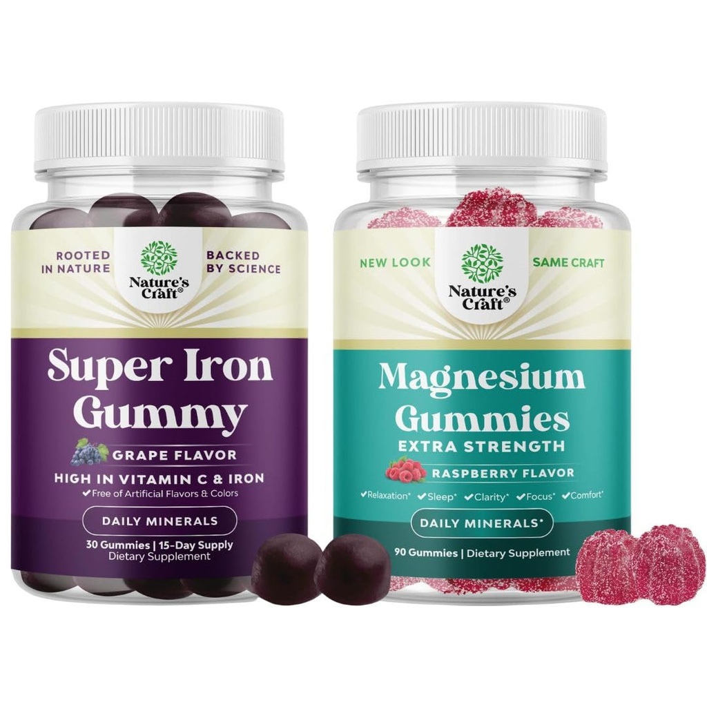 Bundle of Extra Strength Iron Supplement Gummies with Vitamin C & B Complex - Increase Red Blood Cells Supplement and Extra Strength Calm Magnesium Gummies with Elemental Mag - Body & Mind Relaxation