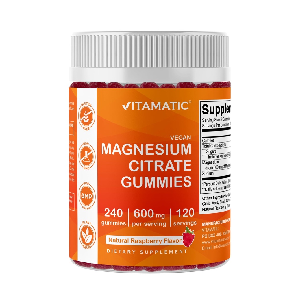 Vitamatic Magnezyum Citrate Gummies 600 mg per Service - 240 Vegan Gummies - Natural Raspberry Flavor - High Abors Magnezyum Supplement - Supports Nerve, Bone and Muscle Health