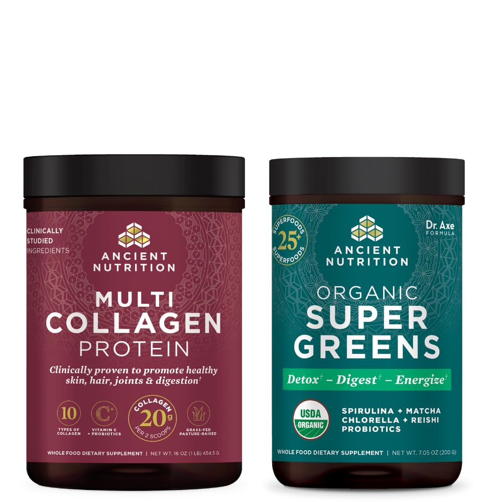 Eski Beslenme Organik SuperGreens Toz, 25 Hizmet + Multi Collagen protein Toz, Unflavored, 45 Hizmetler