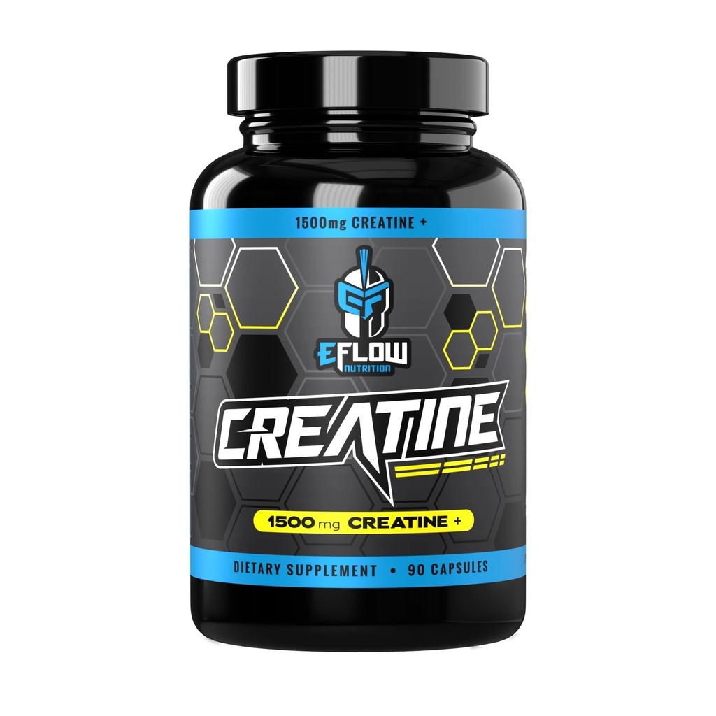 EFlow Kretine Capsules, HCLtine Pills - Insanlar için Kretine Supplement, Kas Builder, Endurance, Strength, AstraGin ve Senactiv (1500 mg, 90 Capsules)