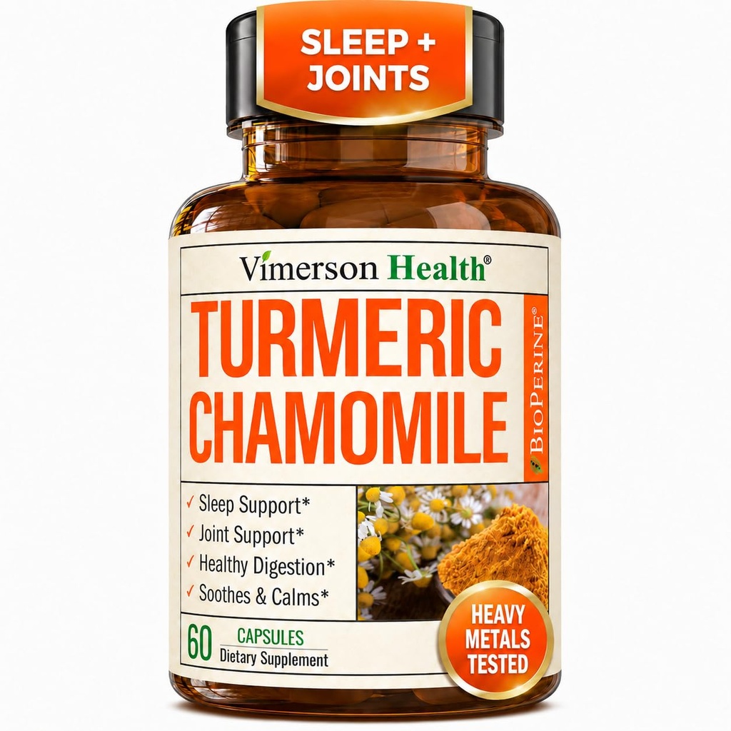Turmeric Supplement & Chamomile Capsules for Sleep - Organik Turmeric Sleep Supplement with Chamomile Çiçekler Ekstraksiyon (Manzanilla) - Rahatlama ve Stres Desteği - Ortak & Digestive Health. 60 Capsules