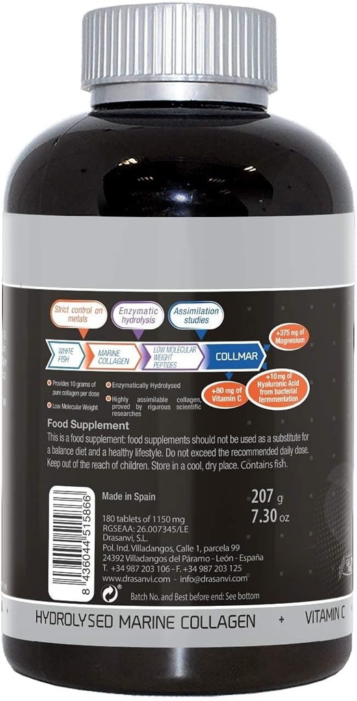 Drasanvi (2 Pack) COLLMAR Hydrolyzed Marine Collagen ile Magnezyum 180 Tablet - Sağlıklı Skin Cartilage, Bones ve Kass