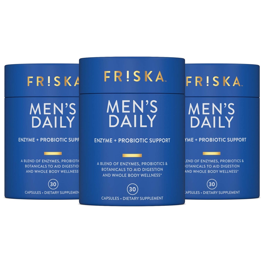 FRISKA Men's Daily Digestive Enzyme ve Probiyotiks Supplement, Natural Support for Male Digestive Health, Bloating, Gas, Indigestion Relief, Supports Gut Health, Lactase ve B-Vitamins, 90 Capsules