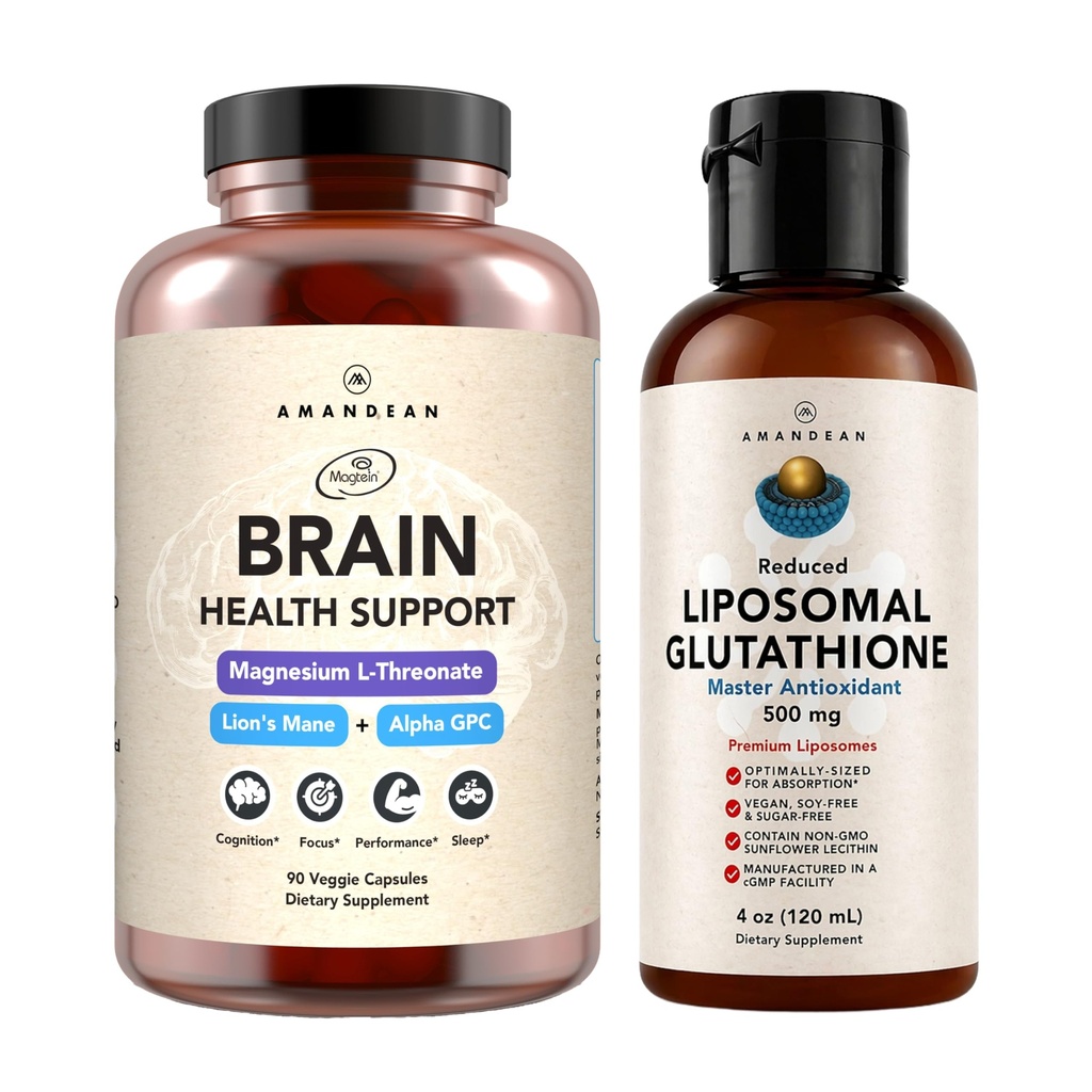 AMANDEAN Premium Beyin Sağlığı Supplement & Liposomal Glutathione Sche. Magnezyum L-Threonate ile Triple Formula, USA-Grown Organic Lion's Mane 6:1 Ekstraksiyon ve Alpha-GPC. Destek Cognition, Focus & Support Cognition, Focus &