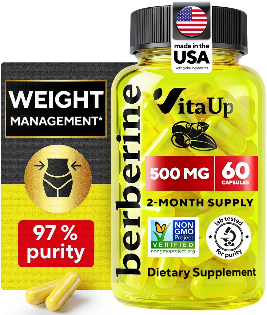 VitaUp Berberine Supplement 500mg - USA Made Berberine 500mg - Non-GMO Berberine HCL - Berberine Supplements for Weight Management, Energy, Immune Support - 60 Capsules