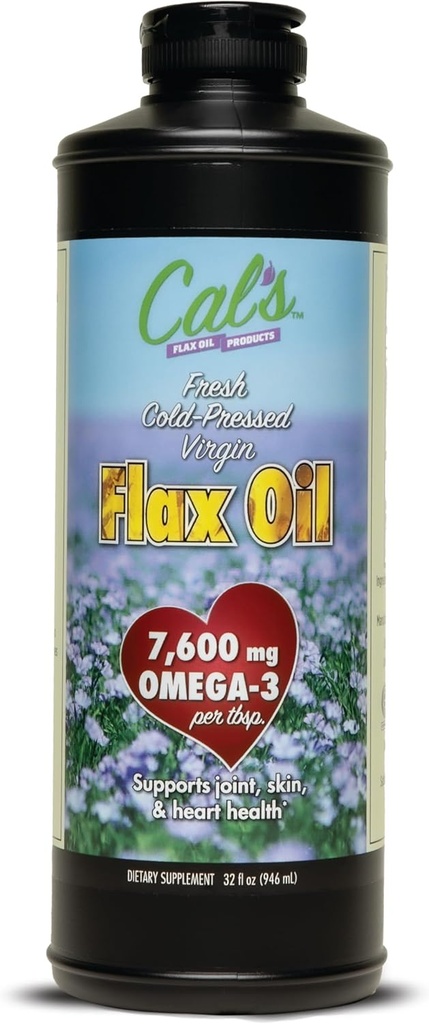 Cal's Flax Oil, Cold Pressed Flax tohum, Omega 3 Fatty Acid, Unrefined Flax Seed Oil, Pure Flax Seed Oil Liquid Supplement for Common, Skin, and Heart Health Support - 32 ozz