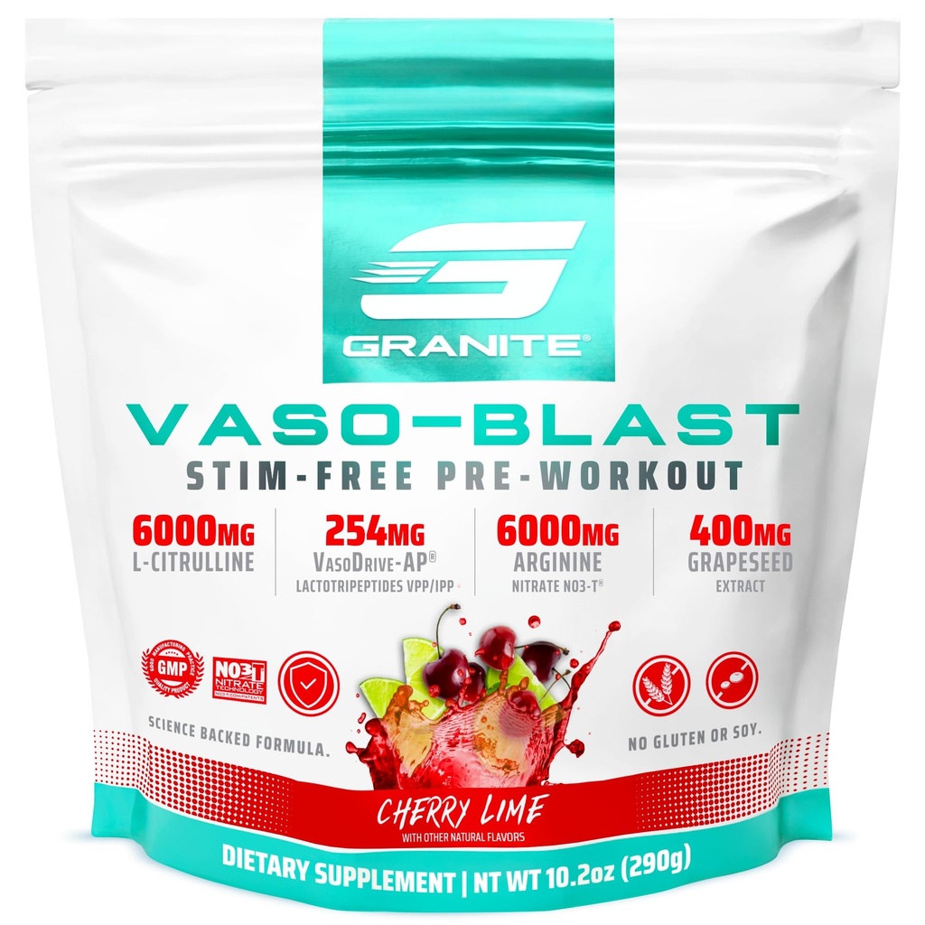 Granite Supplements Vaso Blast, Cherry Lime Flavor, Stimulant-Free Pre Workout for Men & Women with Grapeseed Extract, Arginine Nite, & VasoDrive-AP for Max Pump (20 Servisler)