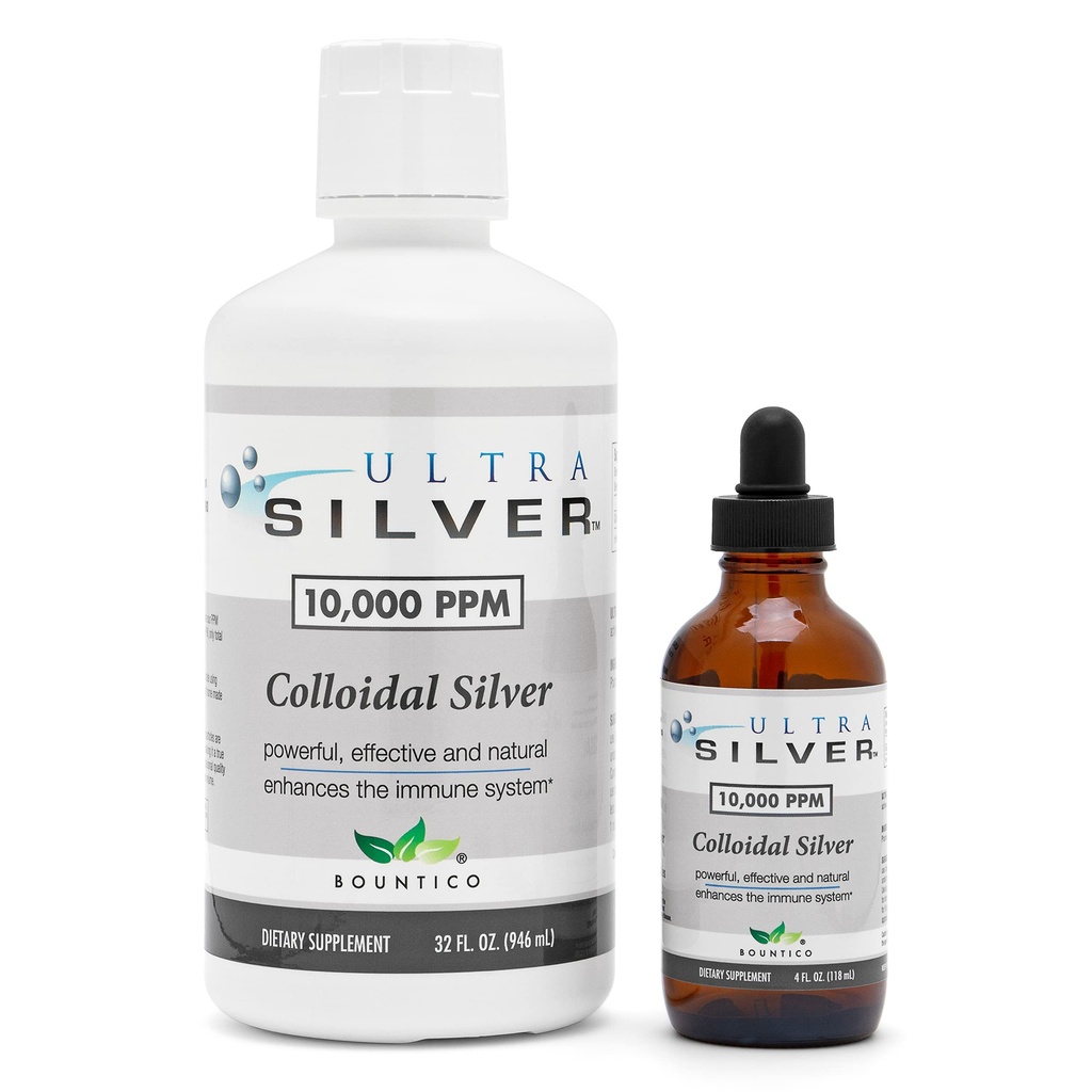 Ultra Silver® Colloidal Silver | 10.000 PPM, 32 Oz (946mL) | Mineral Tamam | Gerçek Colloidal Silver - 4 oz Dropper Şişe (Empty) Dispensing için dahil!