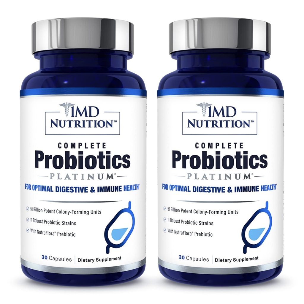 1MD Full Probiyotiks Platinum | Supports Digestive Health | Nourishing Prebiyotiks, 51 Milyar Canlı CFU, 11 Strains, Dairy-Free | 30 Sebze Kapsülleri (2-Pack)