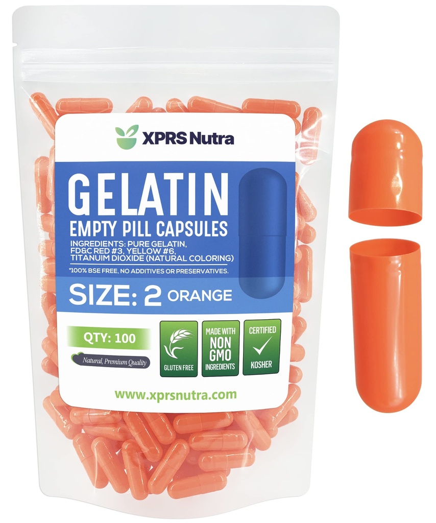 XPRS Nutra Boyutu 2 Boş Kapsüller - 100 Kont Boş Gelatin Capsules - Pills DIY Capsule - Pure Bovine Pill Gel Caps For Do-It- Yourself Supplements (Orange)