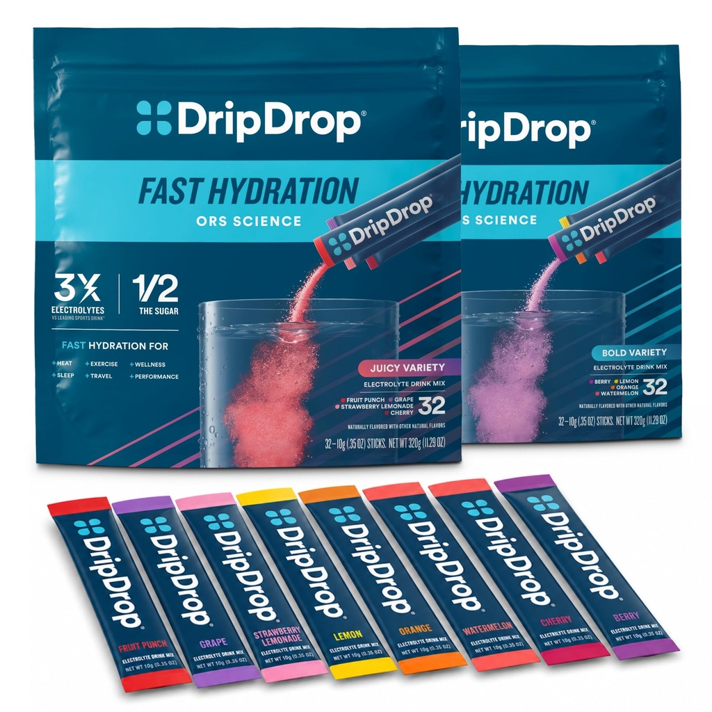 DripDrop Hydration - Electrolyte Toz Paketleri - Watermelon, Berry, Lemon, Orange, Meyveli, Grape, Strawberry Lemonade, Cherry - 64 Kont