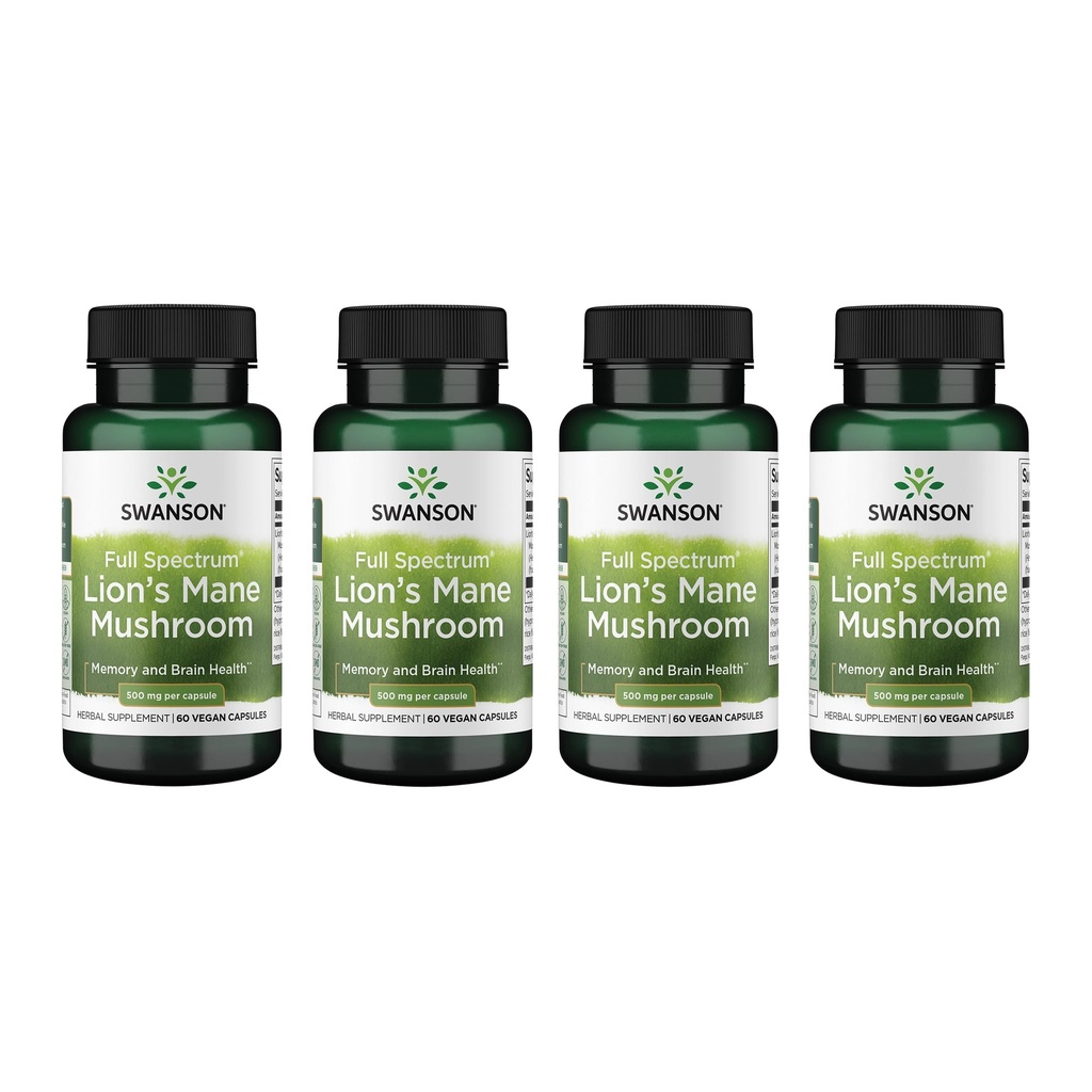 Swanson Full Spectrum Lion's Mane Mushroom - Brain Health Supplement to Support Memory, Focus & Clarity* - Ayrıca Yardım Immune, Heart & Digestive Health - Gluten-Free & Non-GMO - 60 Capsules (4 Pack)