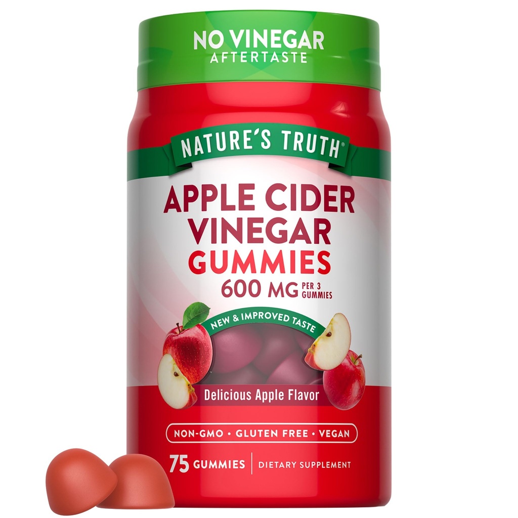 Nature's Truth Apple Cider Vinegar Gummies | 600 mg | 75 Gummies | Apple Flavor | Vegan, Non-GMO, Gluten Free Supplement Supplement