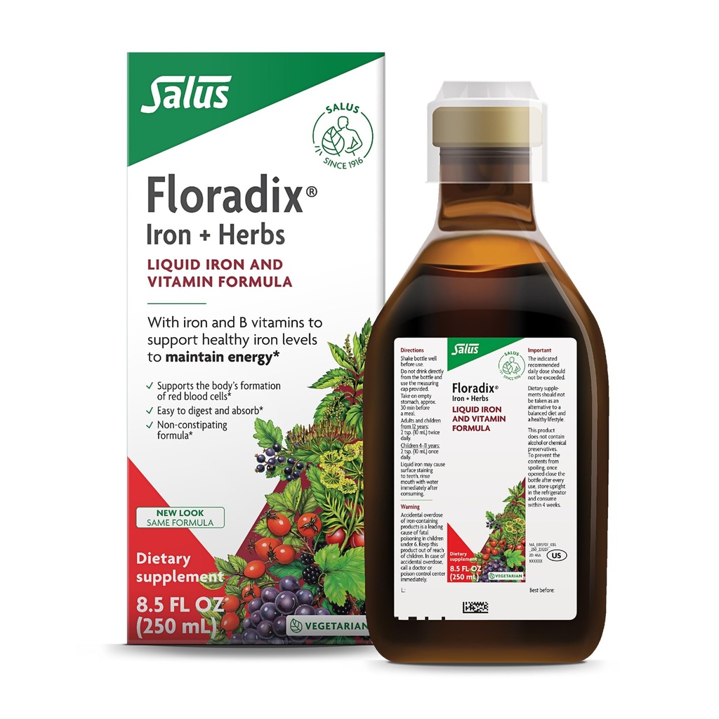 Floradix Iron & Herbs - Enerji Desteği için Sıvı Herbal Supplement - C & Vitamin B Kompleksi - Erkekler ve Kadınlar için - 8.5 fl ozz