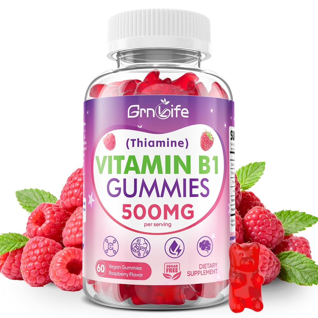 Vitamin B1 Gummies 500mg for Adults & Kids – High Potency Thiamine B1 Supplement for Energy & Nervous System Support, Sugar-Free, Raspberry Flavor, 60 Count