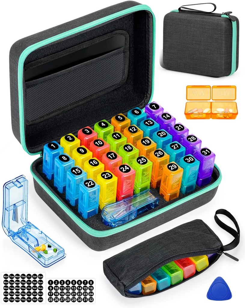 Aylık Pill Organizer 2 Times bir gün, Haftalık Pill Bag, Portatif Hard Shell, Pill XS, Plastik Açılış Pick, Monthly & Weekly Manuals, Benzersiz İlaç Yönetimi ve İzleme