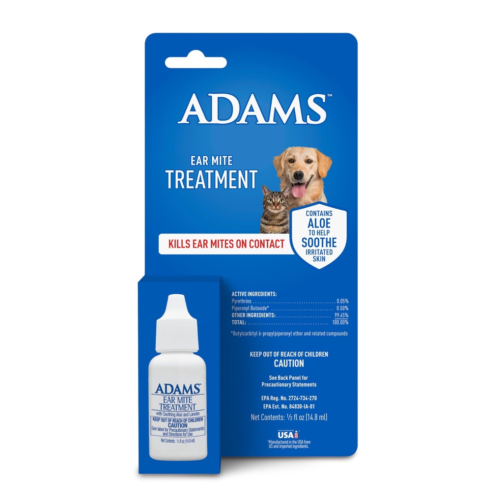 ADAMS Ear Mite Treatment for Dogs, Cats, Puppies & Kittens, Kills Ear Mites On Contact, Ear Drop Relief for Dogs and Cats Suffering from Ear Mites, Soothing Aloe and Lanolin Formula, 0.5 Fl oz