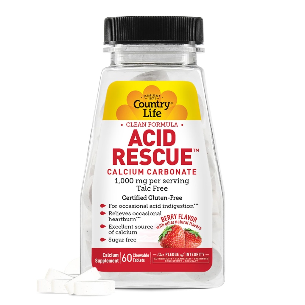 Country Life Acid Rescue Chewable Tablets - Certified Vegan & Gluten-Free Heartburn Relief, 400mg Calcium & Magnesium, Non-GMO, Sugar-Free Berry Flavor, Supports Bone Health, 60 Count