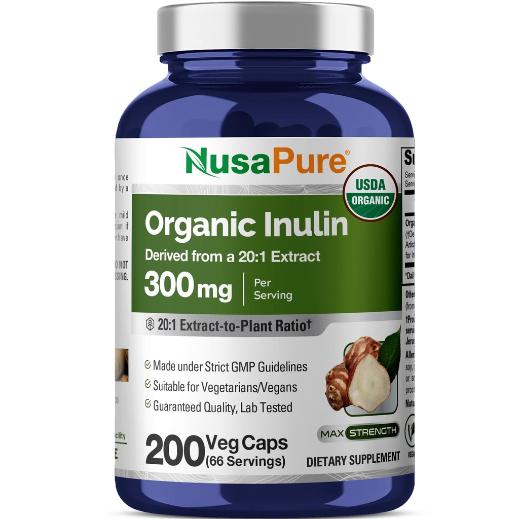 NusaPure Organic Inulin Capsules, 300 mg, 200 Veg Capsules (Non-GMO, Vegan, USDA)