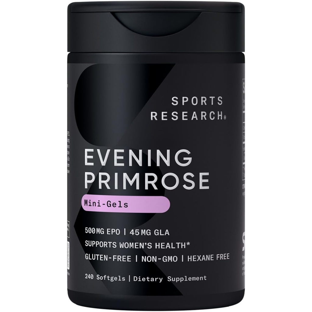 Sports Research Evening Primrose Oil (500mg) Cold-Pressed with No fillers or Artificial Ingredients, Non-GMO Tested - Gluten & Soy Free (240 Liquid Softgels)