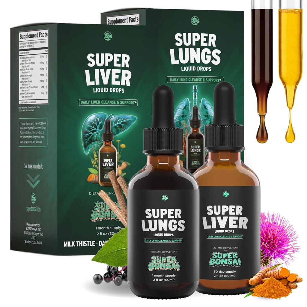 SuperBonsai Liver & Lung Support Bundle - Milk Thistle, Dandelion & Turmeric Drops + Mullein, Elderberry & Reishi Drops - Liquid Herbal Tincture, Vegan, Non-GMO - 30 Servings Each