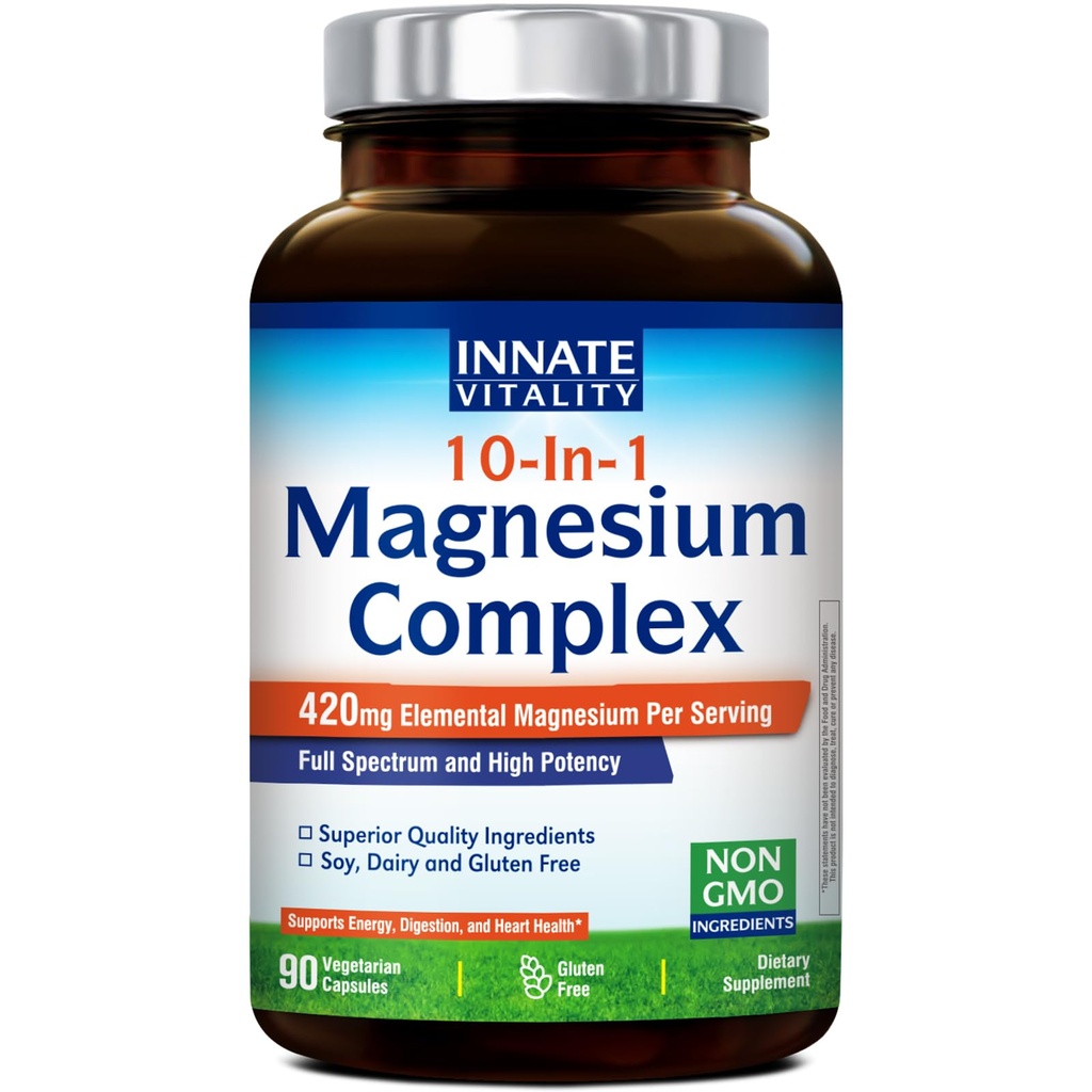 Innate Vitality 10in-1 Magnezyum 960 mg, 420 mg Elemental Mag, Magnezyum Glycinate, Citrate, Malate ve Daha Fazla, Uyku, Digestion, Enerji Desteği, 90 Vegan Capstion