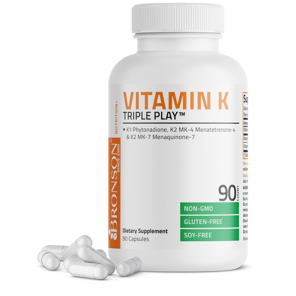 Bronson Vitamin K Triple Play (Vitamin K2 MK7 / Vitamin K2 MK4 / Vitamin K1) Full Spectrum Kompleks Vitamin K Supplement, 90 Capsules
