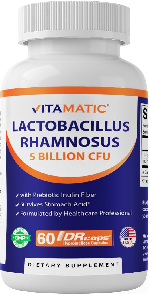 Vitamatic Lactobacillus Rhamnosus 5 Milyar per DR Capsule (10 Milyar Per 2 Capsules) - 60 Kont - Gelişmiş Digestive & Immune Support - Prebiyotik Inulin Fiber