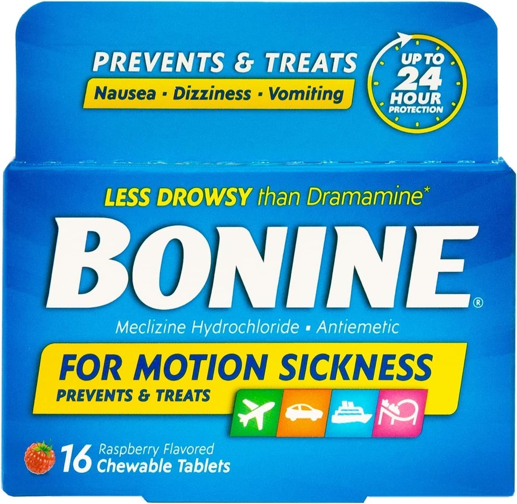 Bonine Raspberry Chewable Tablets for Motion Sickness, 16 (2 Pack), 16 Count (Pack of 2)