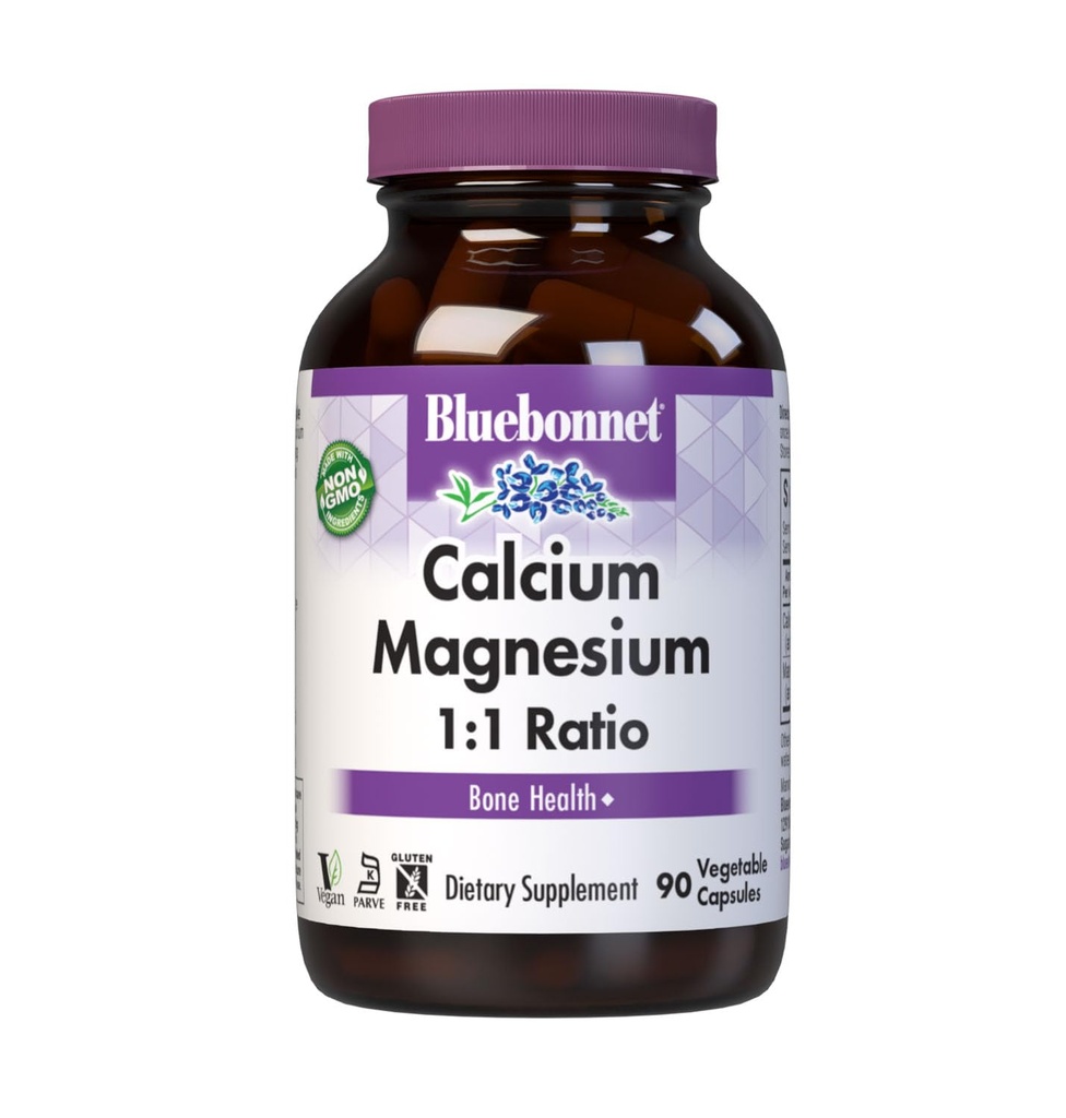 Bluebonnet Calcium Magnesium 1:1 Ratio Vegetarian Capsules, 90 Count