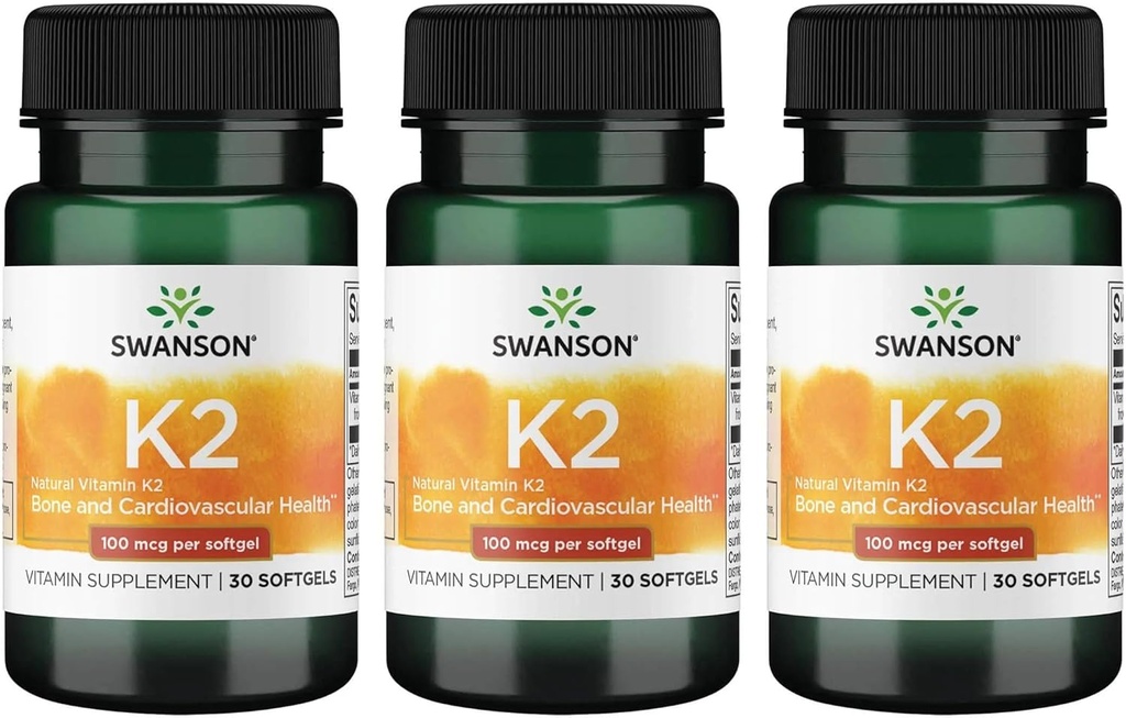 Swanson Vitamin K2 (Menaquinone-7) - Vitamin Supplement Supporting Cardiovascular ve Bone Health - Japon Natto'dan Regulateba'ya yardım etmek için - (30 Softgels, 100mcg Her) (3 Pack)