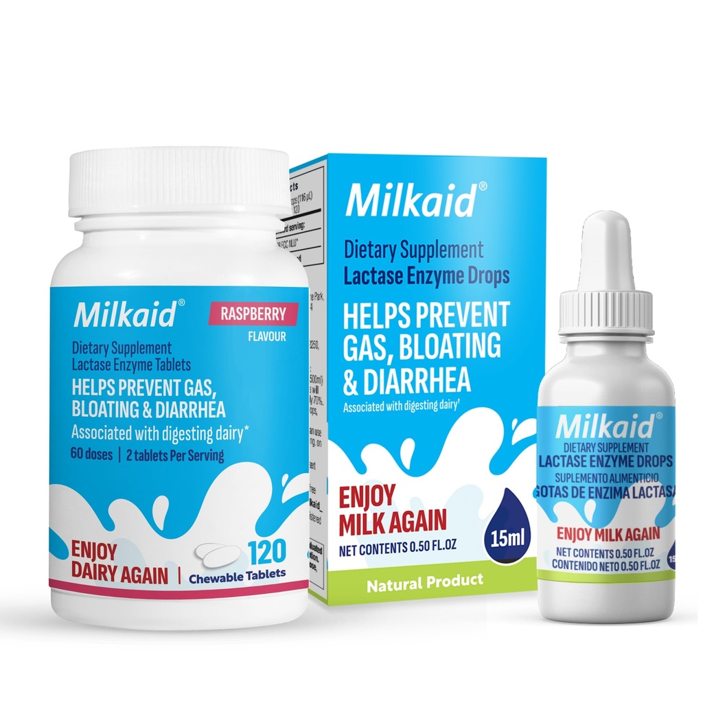 Sütaid Lactase Enzyme Drops Tabletleri Lactose intolerans Yardımı | Gaz, Bloating & Diarrhea | Dairy Digestive Supplement | 0,5 Fl Oz & 120 Raspberry Flavored Tabletler
