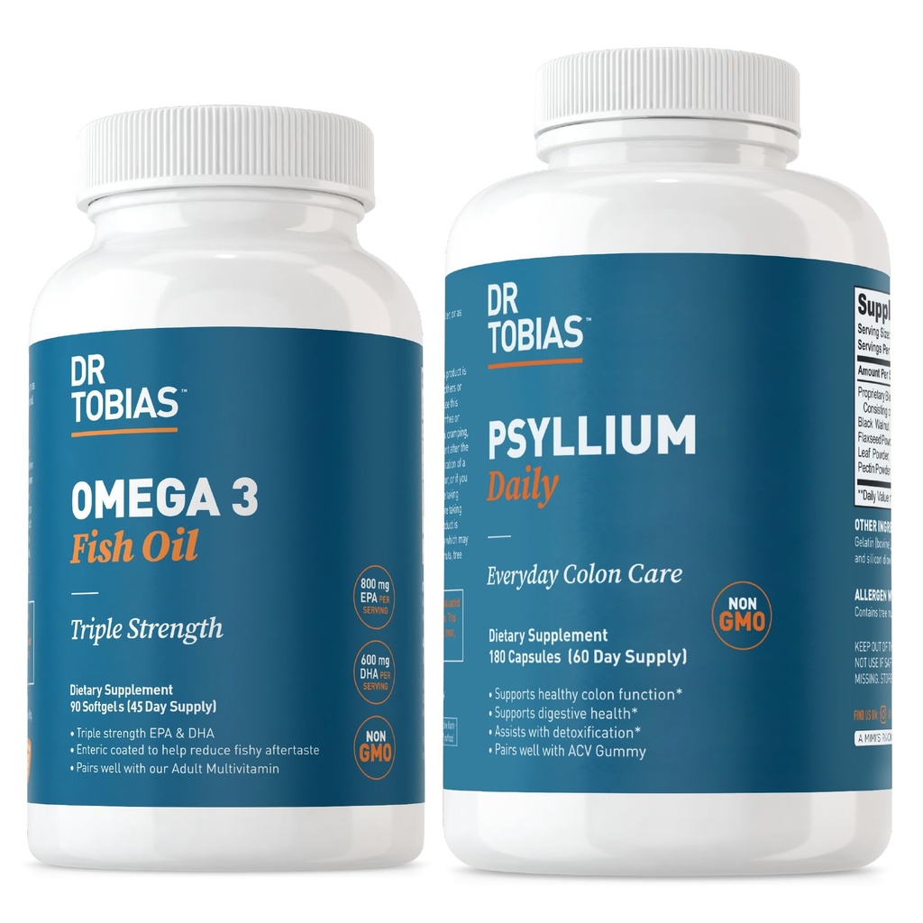 Dr. Tobias Omega 3 Fish Oil & Psyllium Daily Supplements for Heart, Brain & Immune Support, Sağlıklı Bowel Hareketi Psyllium Husk Capsules ile Destekler