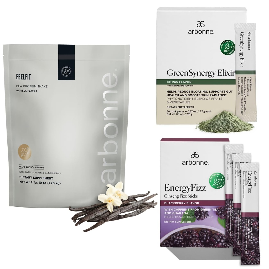 Arbonne Ginseng Energy Fizz (BlackBerry) with FeelFit Pea Protein (Vanilla) and Green Synergy Elixir