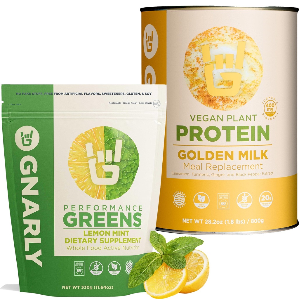 Golden Milk Vegan Protein Powder and Gnarly Performance Greens Lemon Mint (11.64 oz)