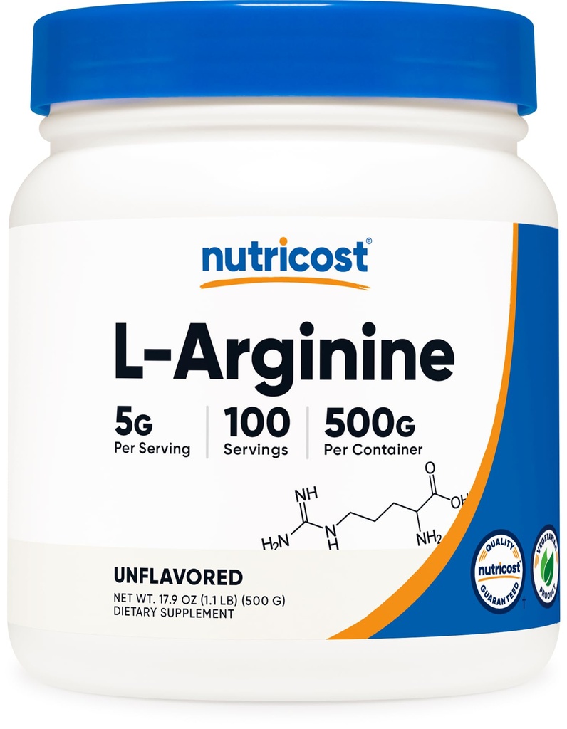 Nutricost L-Arginine Toz 500 Grams (1.1lbs) - Pure L-Arginine Toz - 5000 mg Per Servis; 100 Hizmet