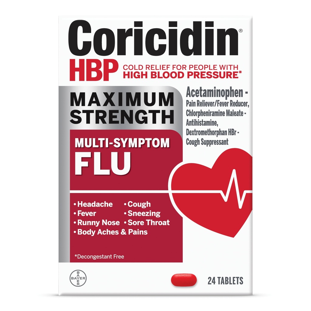 Coricidin HBP Maximum Strength Multi-Symptom Flu Tablets For Body Aches, Body Pains Cold and Cough Relief: Flu Medicine for Adults with High Blood Pressure - 24 Count