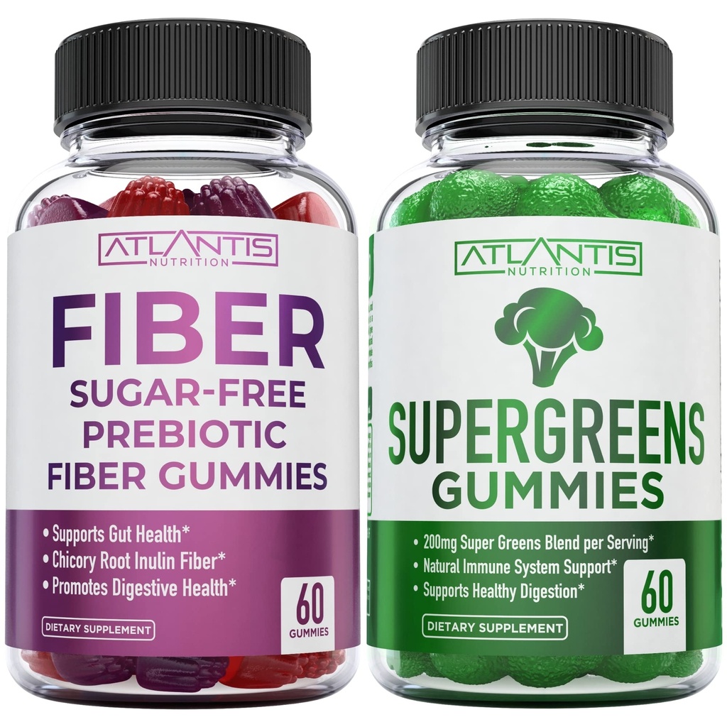 Atlantis Beslenme Sugar Free Prebiyotik Fiber Gummies for Yetişkinler 2Pack (120 Gummies) + Supergreens 60 Gummies