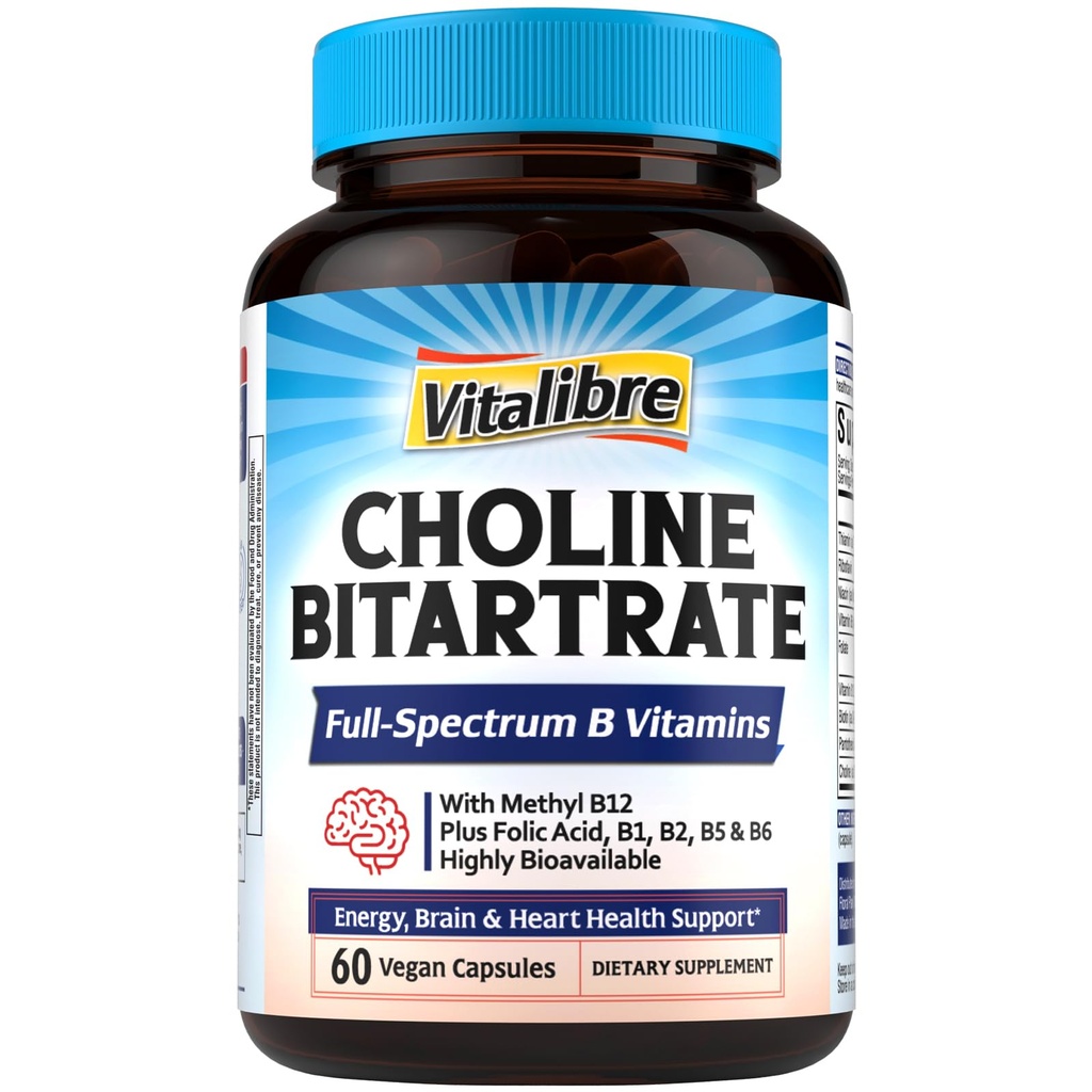 Vitalibre Choline Bitartrate 300mg Supplements, with Folate, Methyl B12, Niacinamide, Non-GMO Bioavailable Complex, Energy, Brain, Liver Support, 60 Vegan Caps