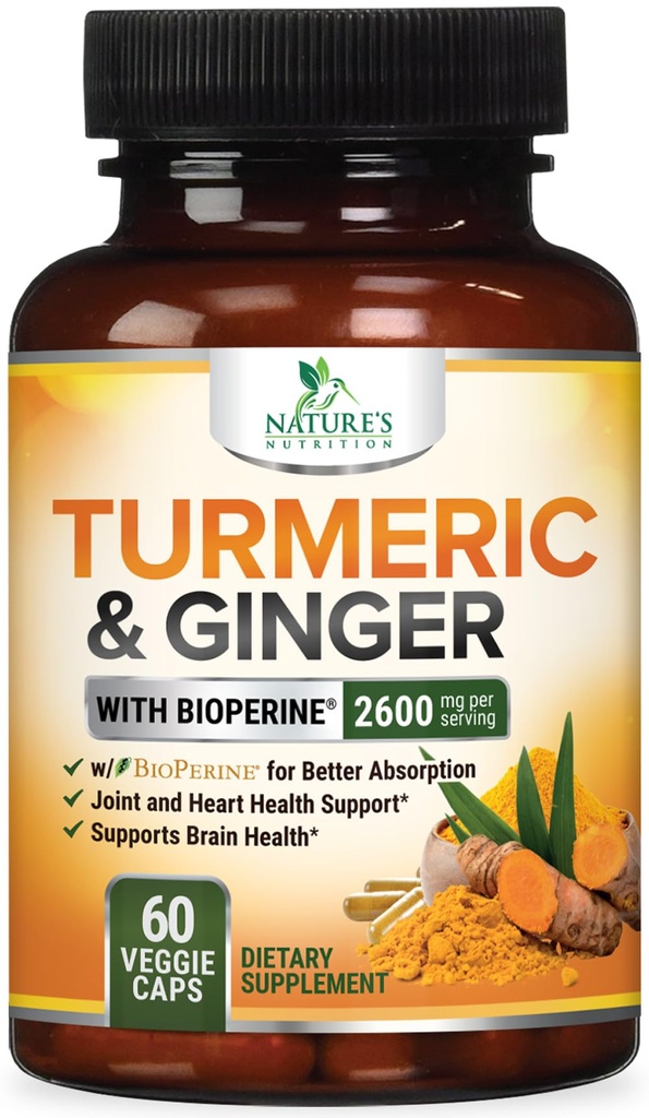 Turmeric Curcumin Supplement 2600 mg - Organik Ginger & Turmeric, BioPerine Black Pepper % 95 Curcuminoids - Gelişmiş Abors & Antioksi Ekstra Güç Desteği - 60 Capsules