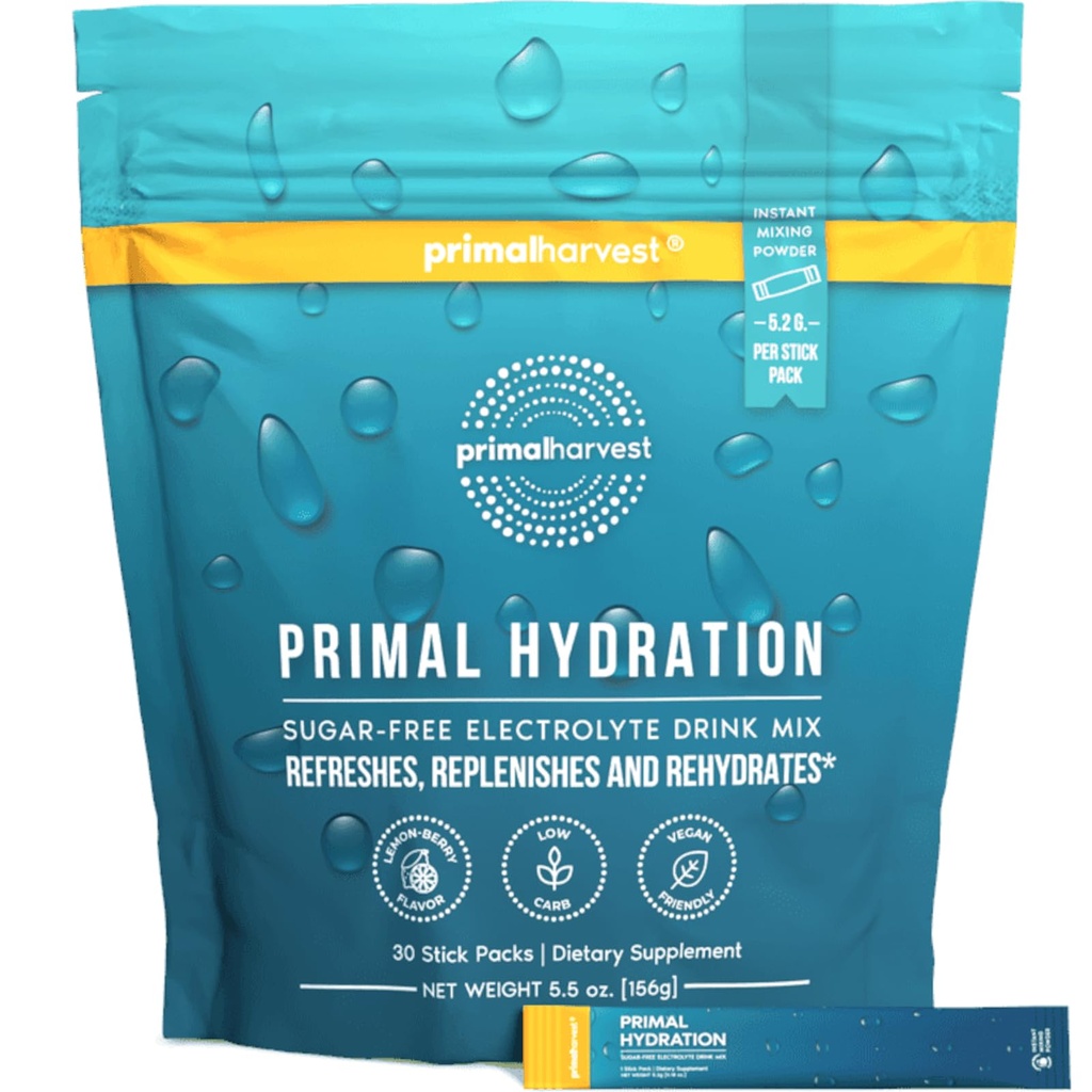 Primal Harvest Electrolytes Toz Paketleri Primal Hydration, Easy Open Packets, Energy Drink Mix (Lemon Berry, 30 Packs) (1 Bag)