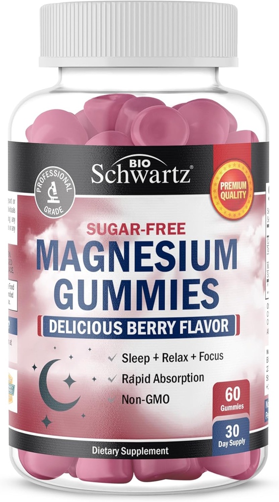 BioSchwartz Sugar Free Magnezyum Gummies (30 hizmet) Berry Flavored Magnezyum Citrate Supplement Supports Sağlıklı Nerves Kass Enerji Calm Mood ve Sleep (Vegan Safe, Non GMO, 60 Gummies)
