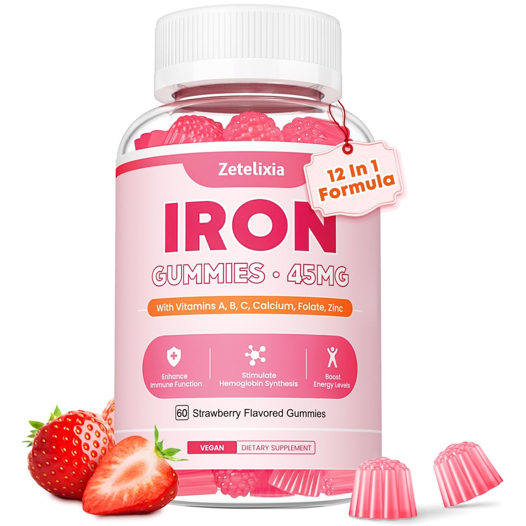 Vegan Demir Kadın ve Erkekler için Gummies, Anemia, Blood Builder & Energy Support for Iron Deficiency, C, A, B Kompleksi, Folate, CoQ10, Sugar Free, Non-GMO, 60 Kont