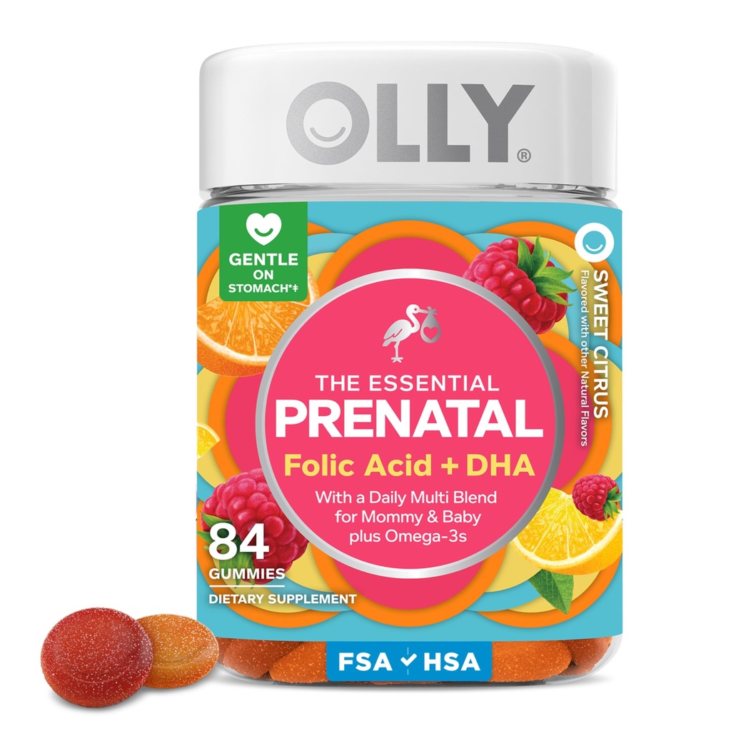 OLLY Essential Prenatal Gummy Multivitamin, Folic Asit, Vitamin D, Omega 3 DHA, Sağlıklı Büyüme ve Beyin Gelişimini Destekler, Citrus Berry - 84 Count 84 Count