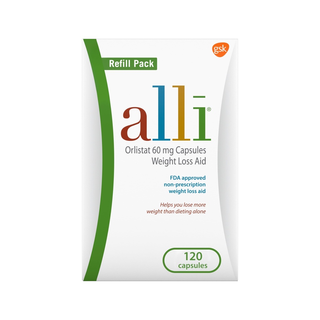alli Weight Loss Diet Pills, Orlistat 60 mg Capsules, Non Prescription Weight Loss Aid, 120 Count Refill Pack (Pack of 6)
